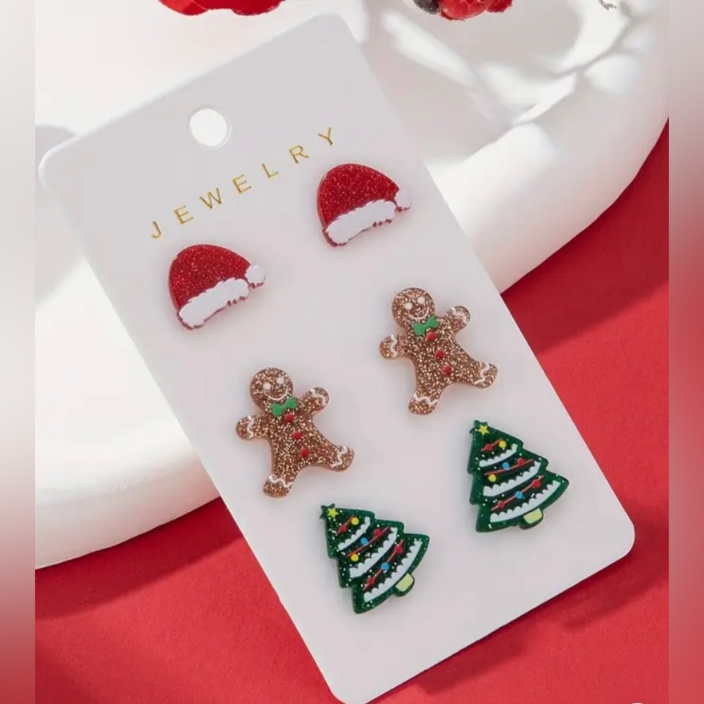 Holiday Sparkle Resin Plastic Stud Earrings-Santa Hat,Gingerbread Man&Xmas Tree